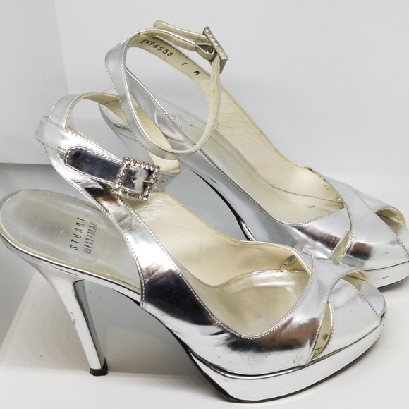 Stuart Weitzman silver rhinestone buckle sandal